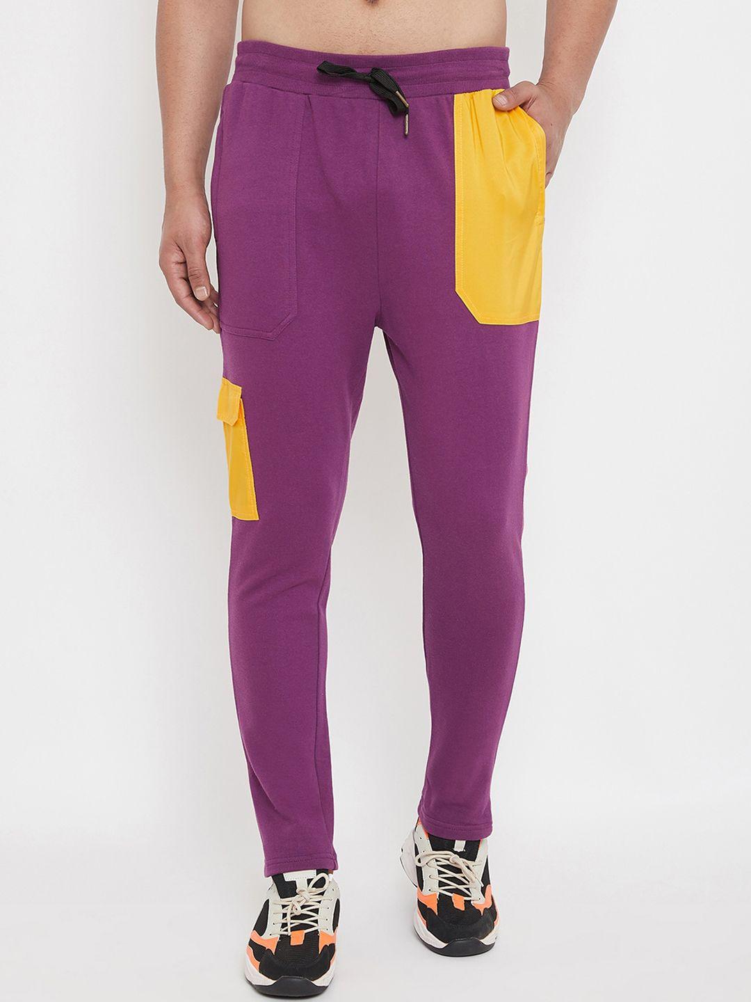 fugazee men purple & yellow colourblocked slim-fit track pants