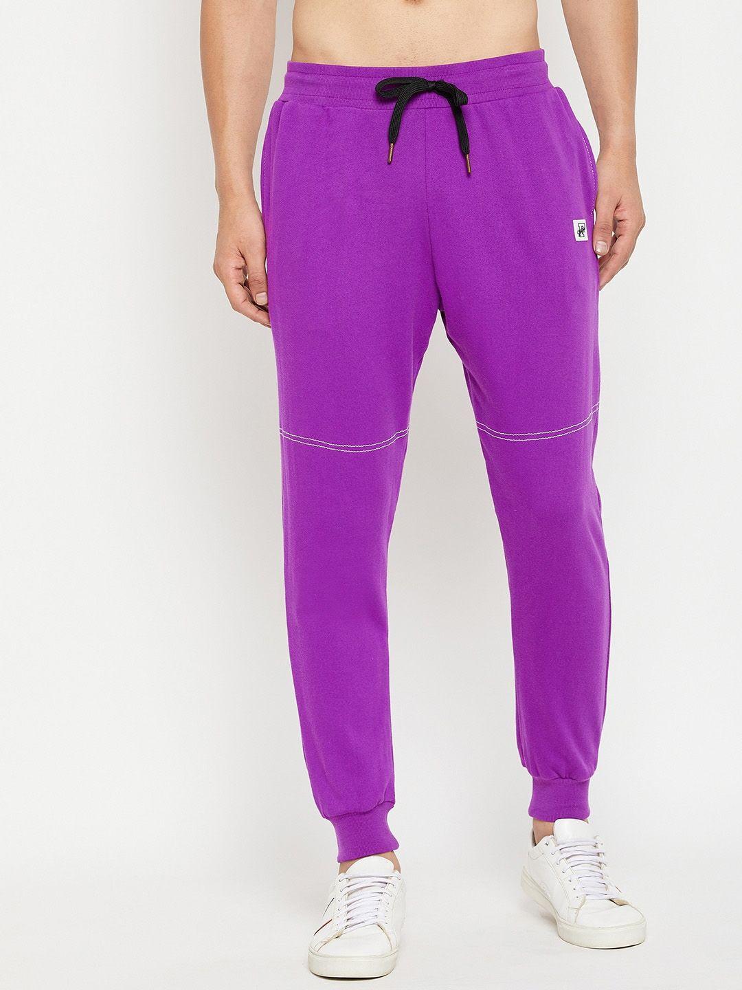fugazee men purple solid relaxed-fit pure cotton joggers