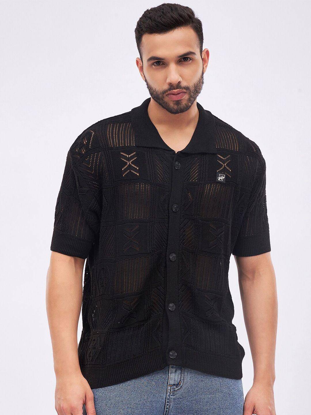 fugazee relaxed boxy semi sheer crotchet knitted casual shirt