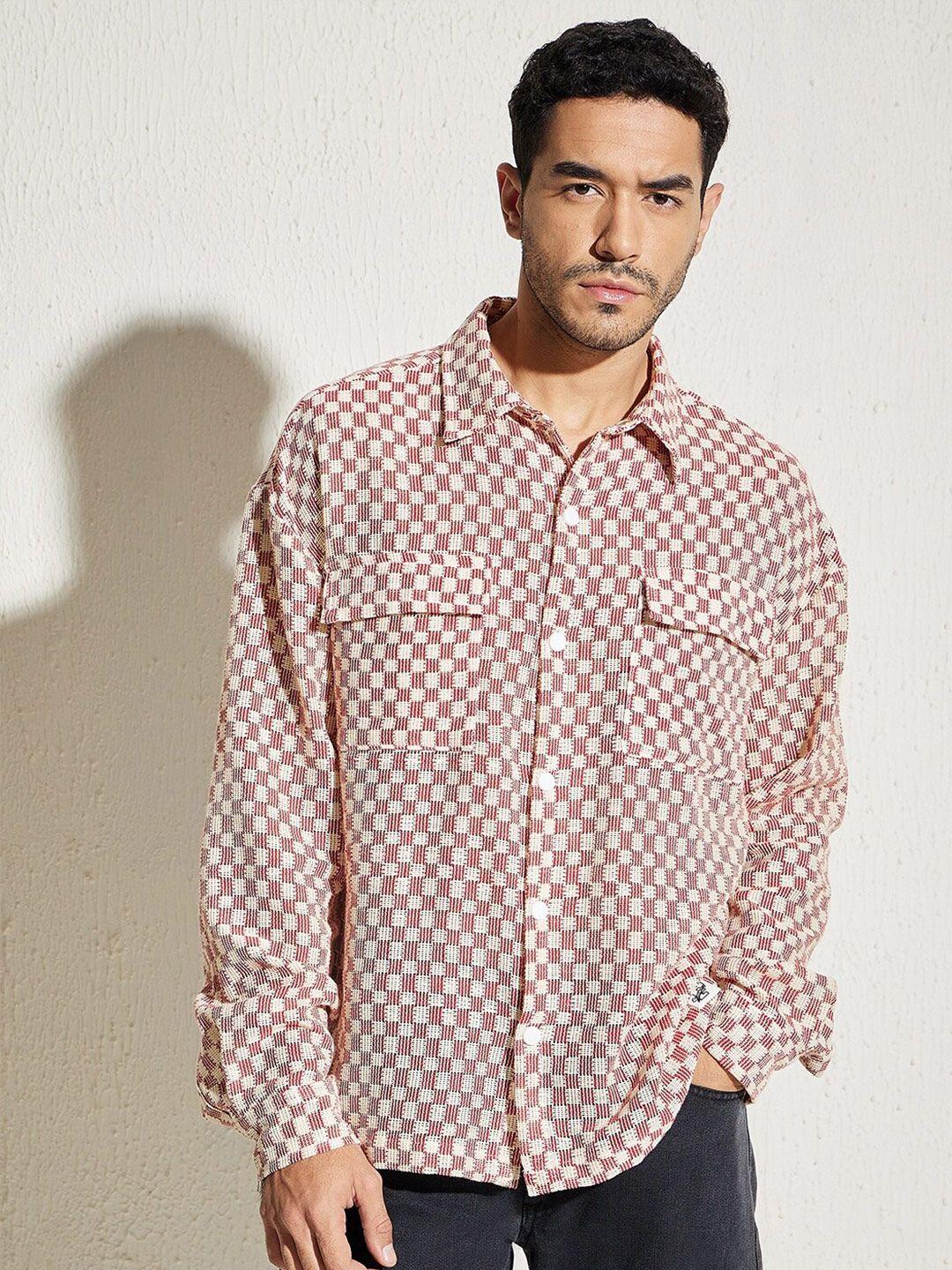 fugazee relaxed checked spread collar cotton casual shirt