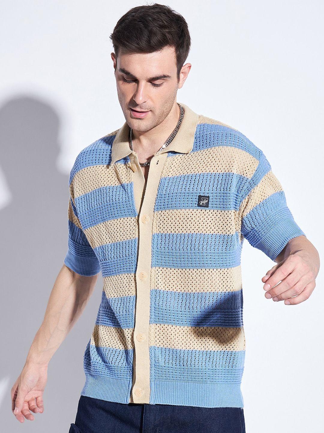 fugazee relaxed oversized horizontal stripes crochet cotton casual shirt