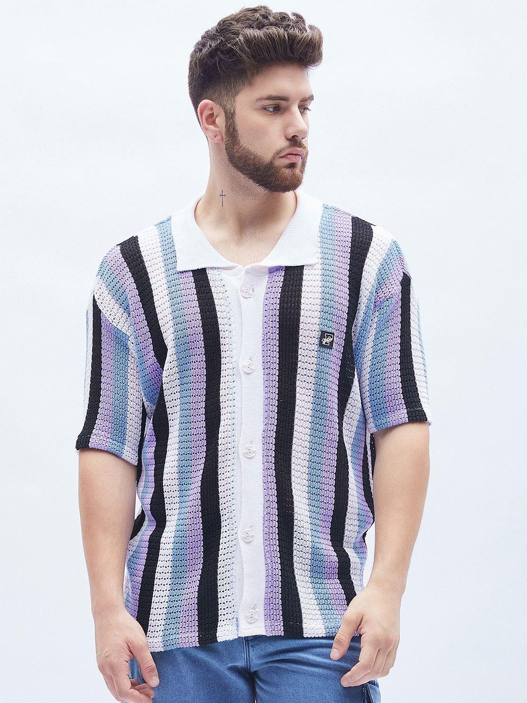 fugazee white & black relaxed boxy semi sheer striped knitted shirt