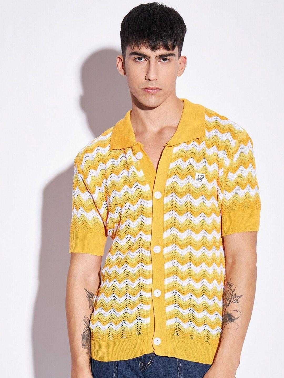 fugazee yellow relaxed boxy semi sheer self design casual knitted shirt