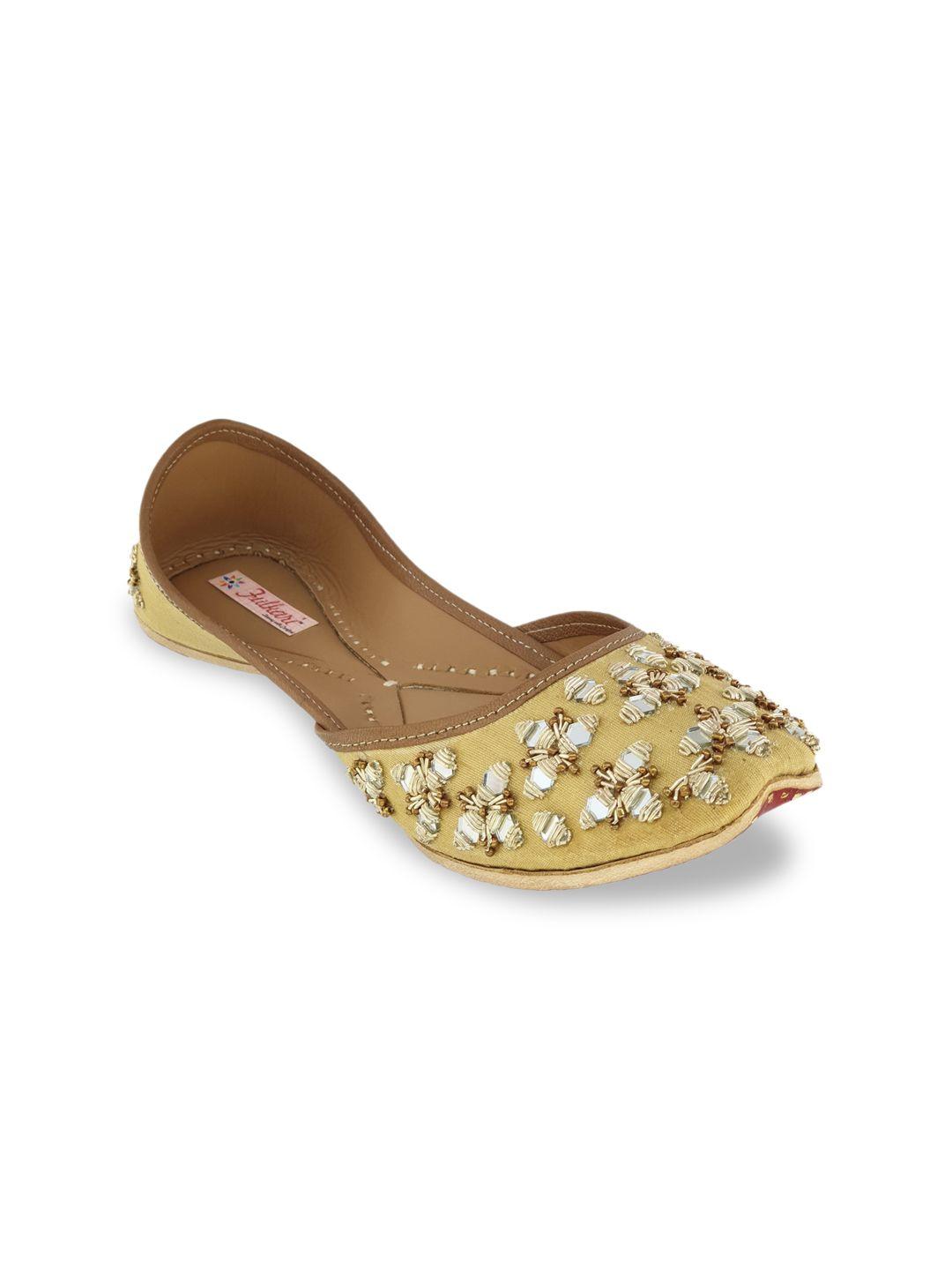 fulkari women khaki & gold-toned embellished leather mojaris