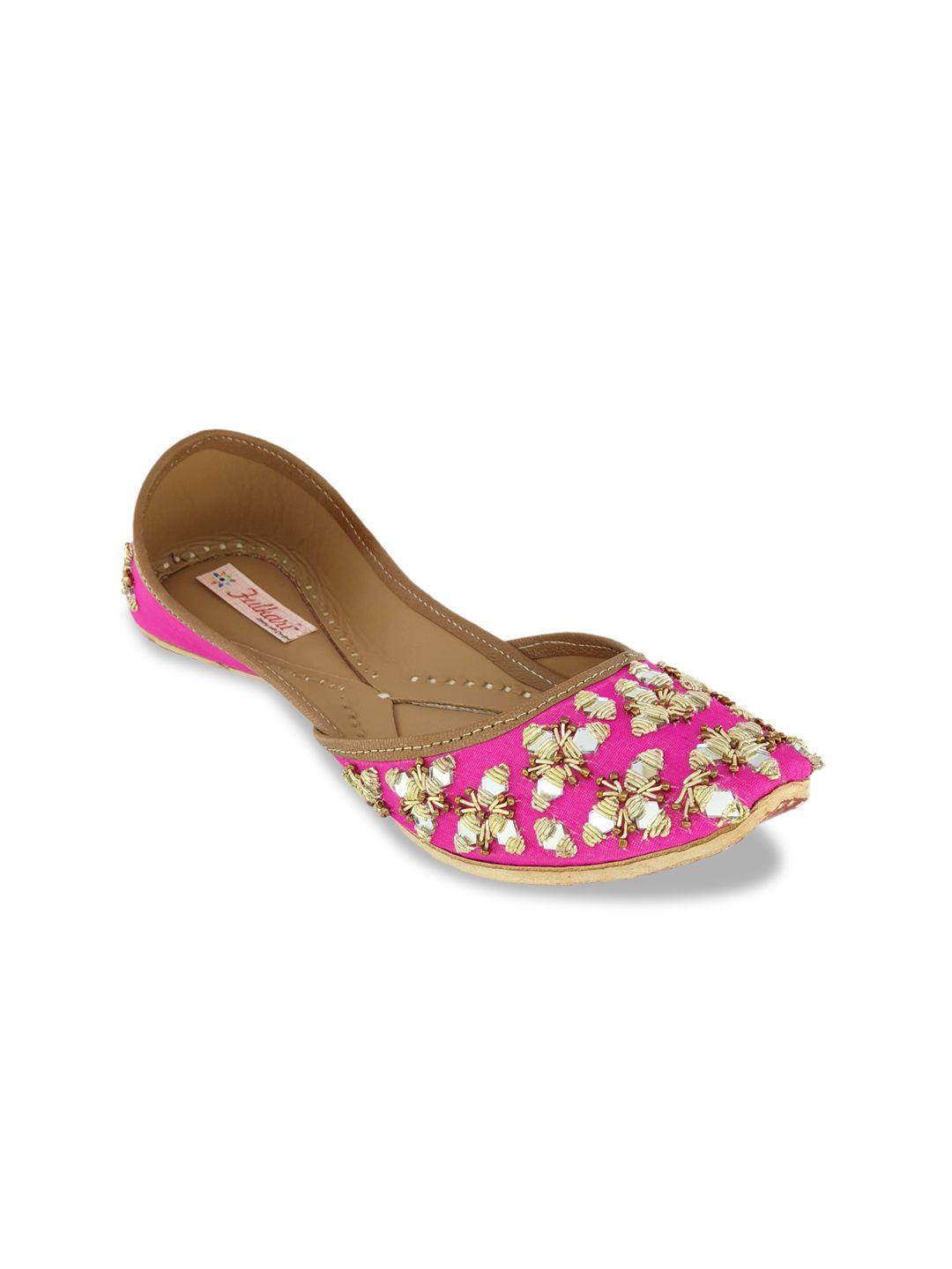 fulkari women magenta & gold-toned embellished leather mojaris