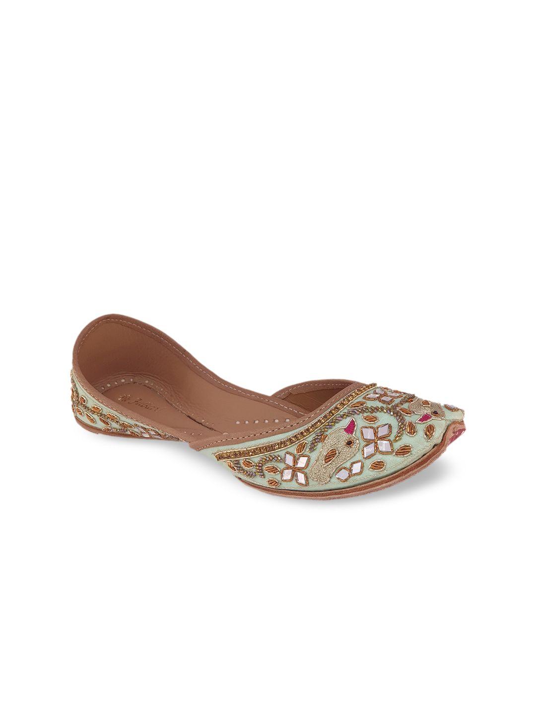 fulkari women olive green embellished leather ethnic mojaris flats