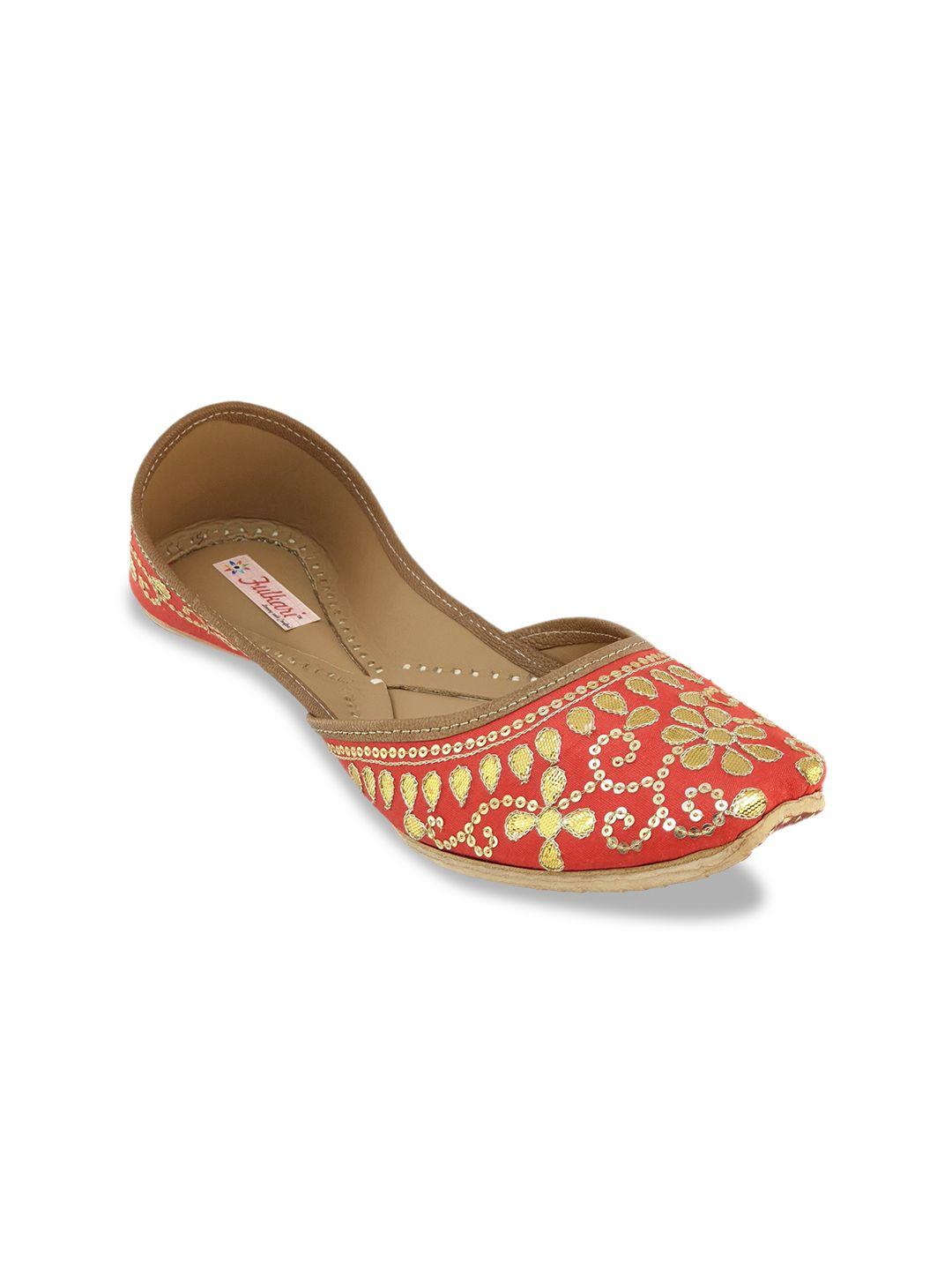 fulkari women red & gold-toned embellished leather mojaris