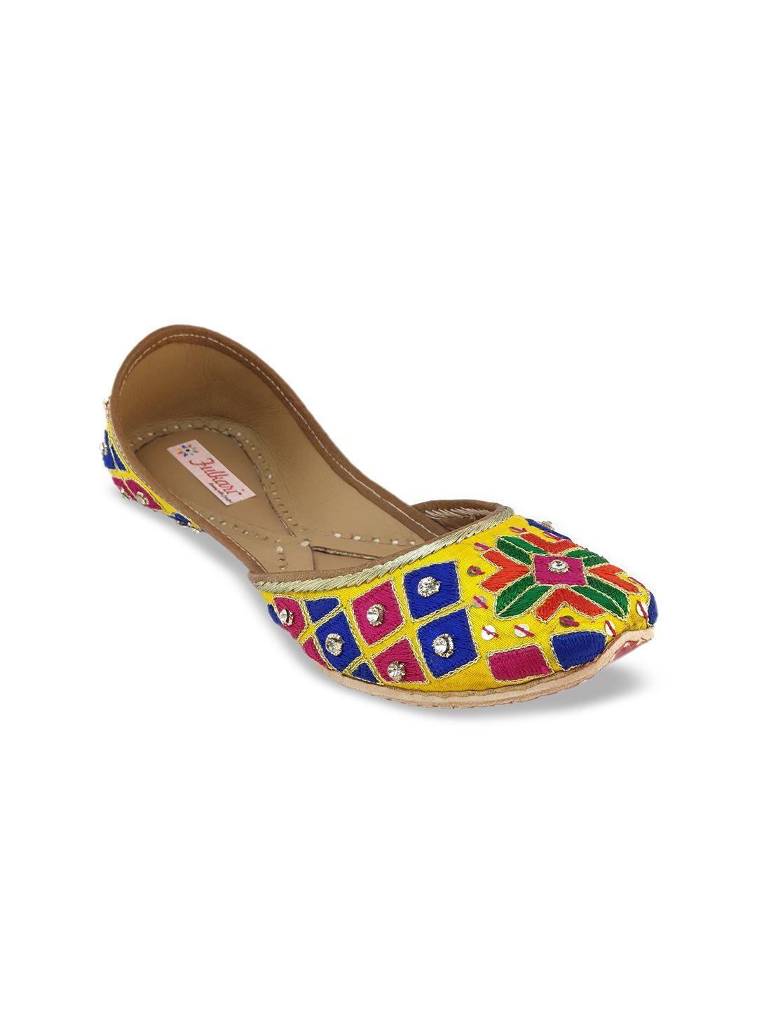 fulkari women yellow & blue embellished leather mojaris