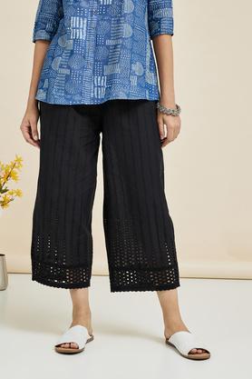 full length cotton woven women's pants - black