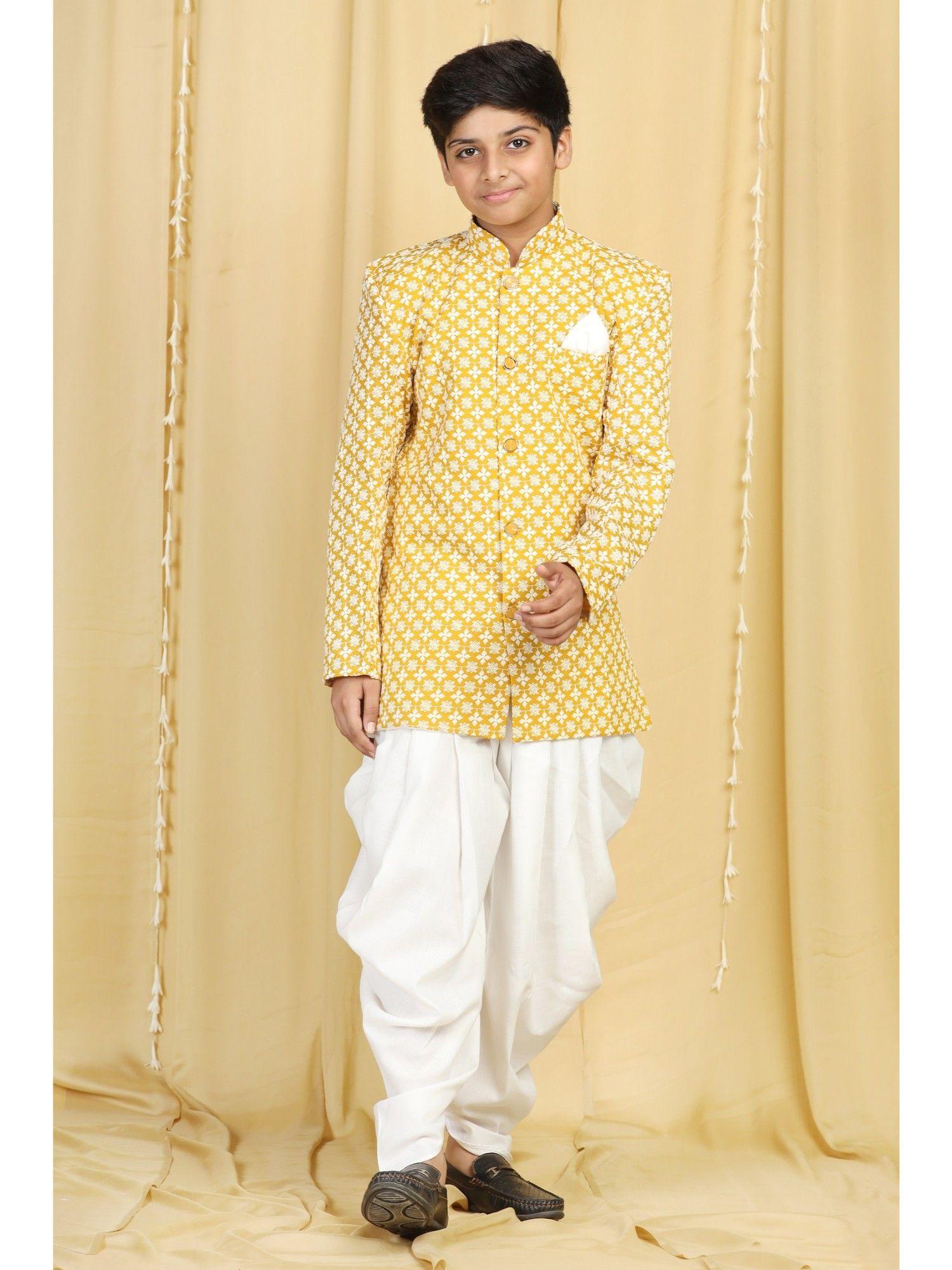 full sleeve embroidered indo western salwar - yellow (set of 2)