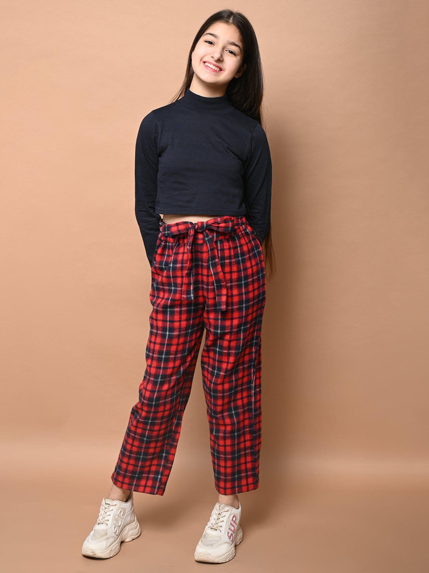 full sleeve high neck top with checkered pants