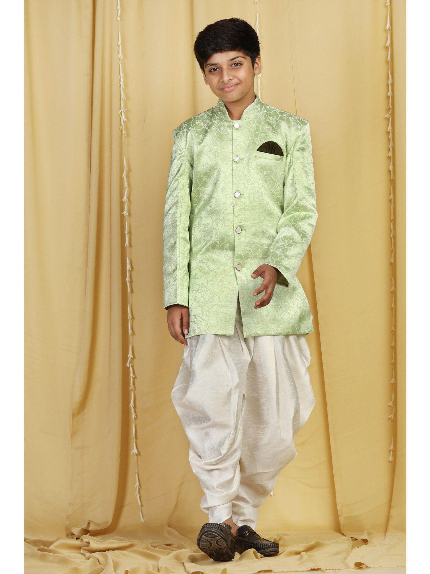 full sleeve jacquard indo western salwar - green (set of 2)
