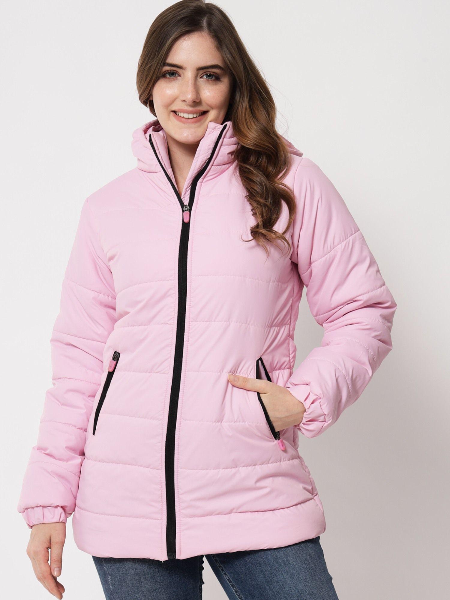 full sleeve solid women pink puffer jacket