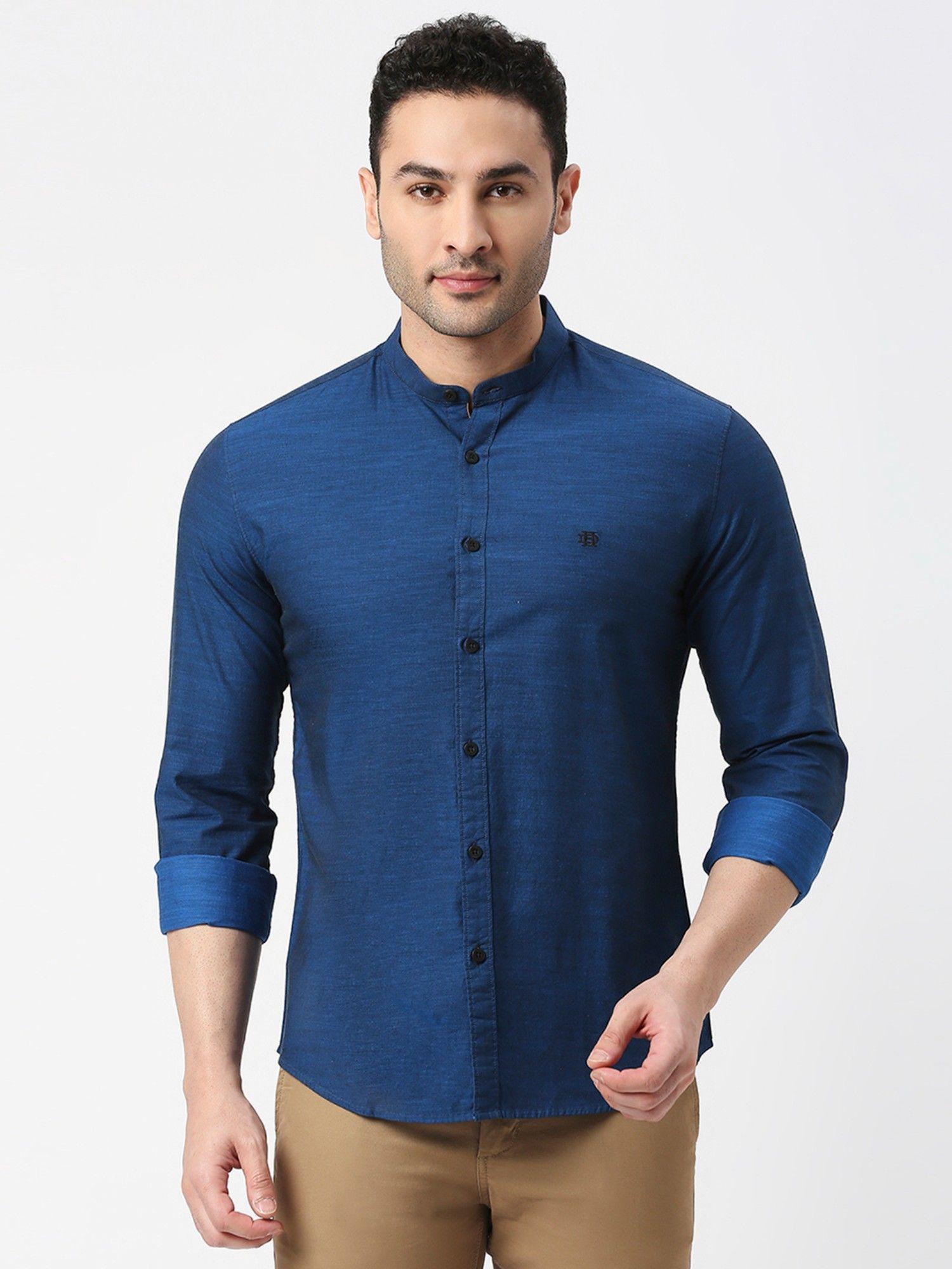 full sleeves royal blue premium cotton solid shirt with mandarin collar