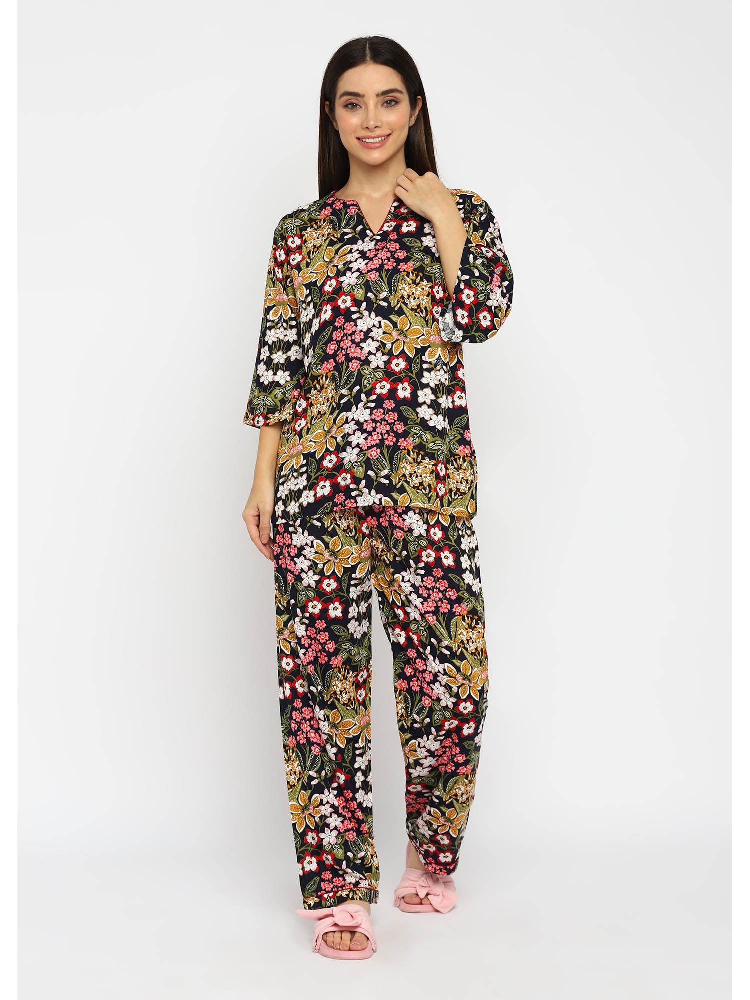 full bloom print womens night suit (set of 2)