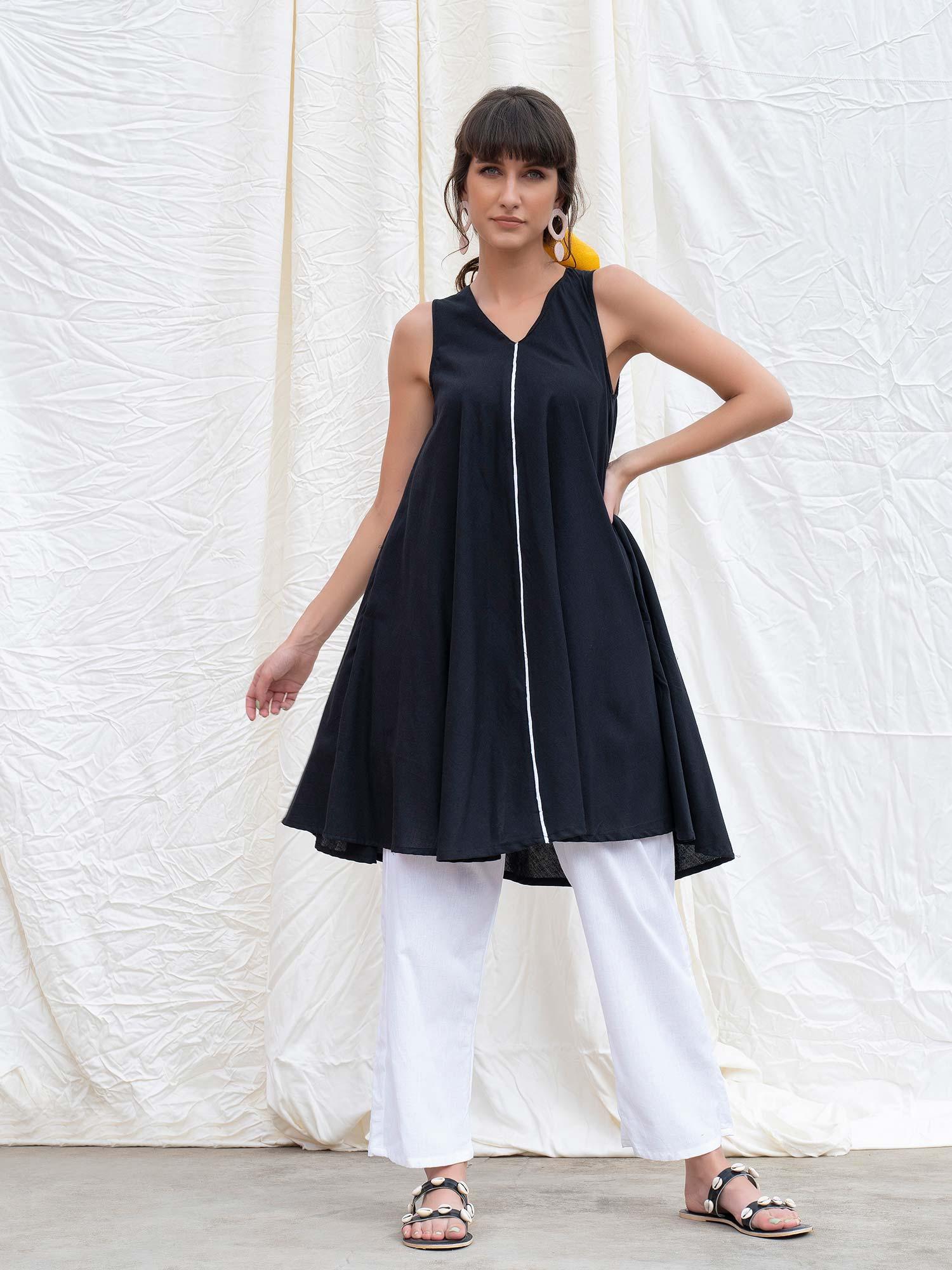 full circular flared kurta in mangalgiri cotton-midnight black