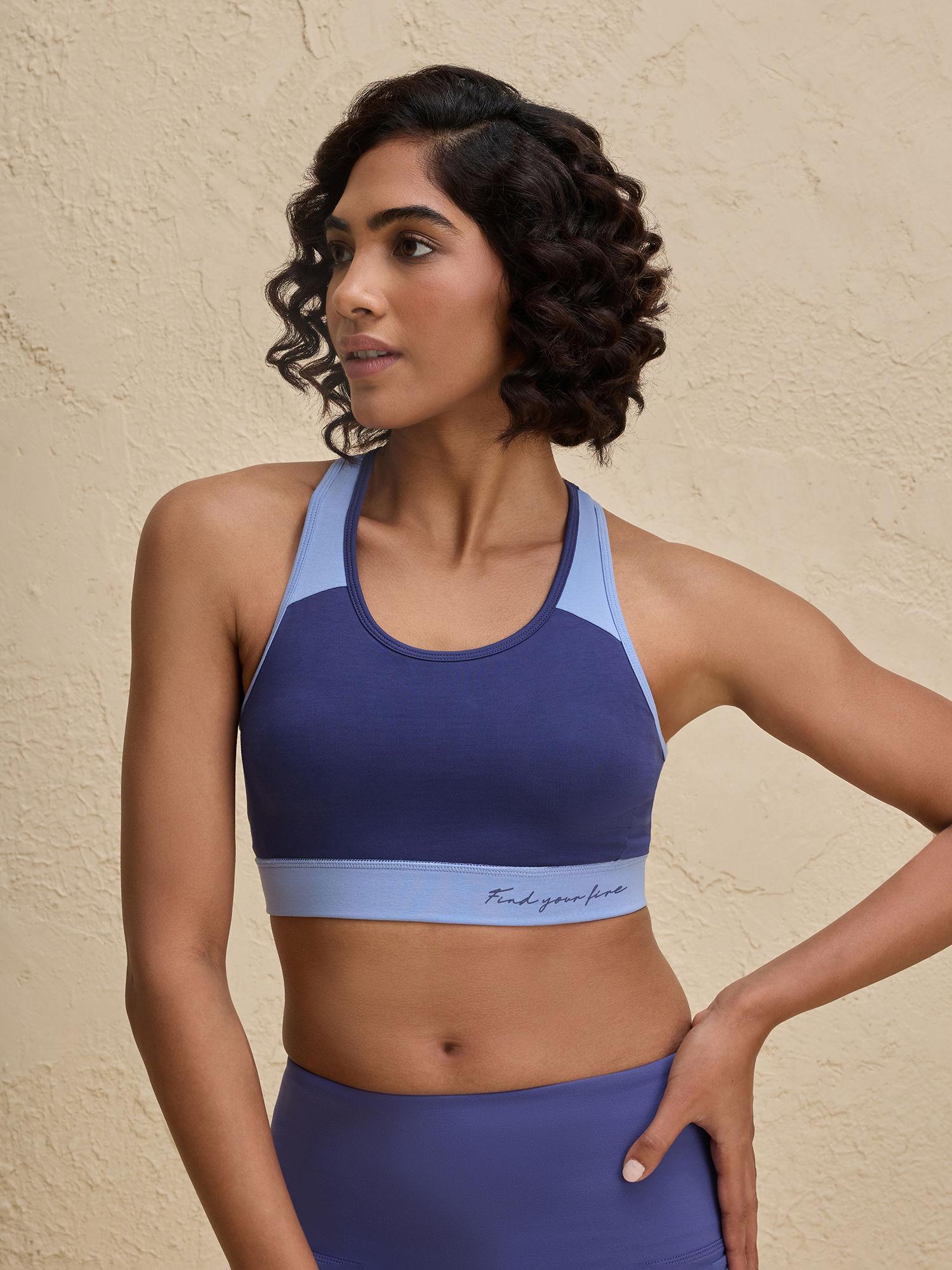 full coverage breathable cotton slip-on racer back sports bra-nyk904-blue