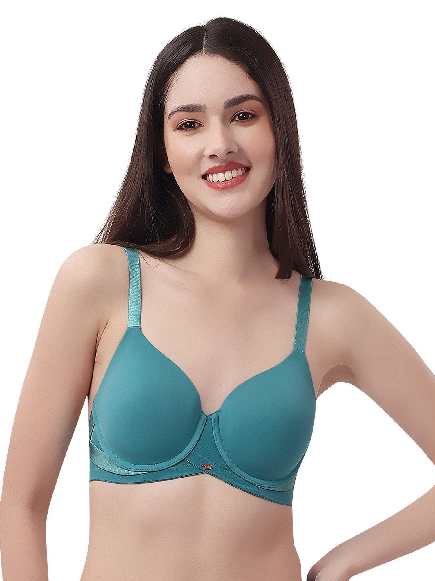 full coverage padded wired t-shirt bra with mesh detailing-teal