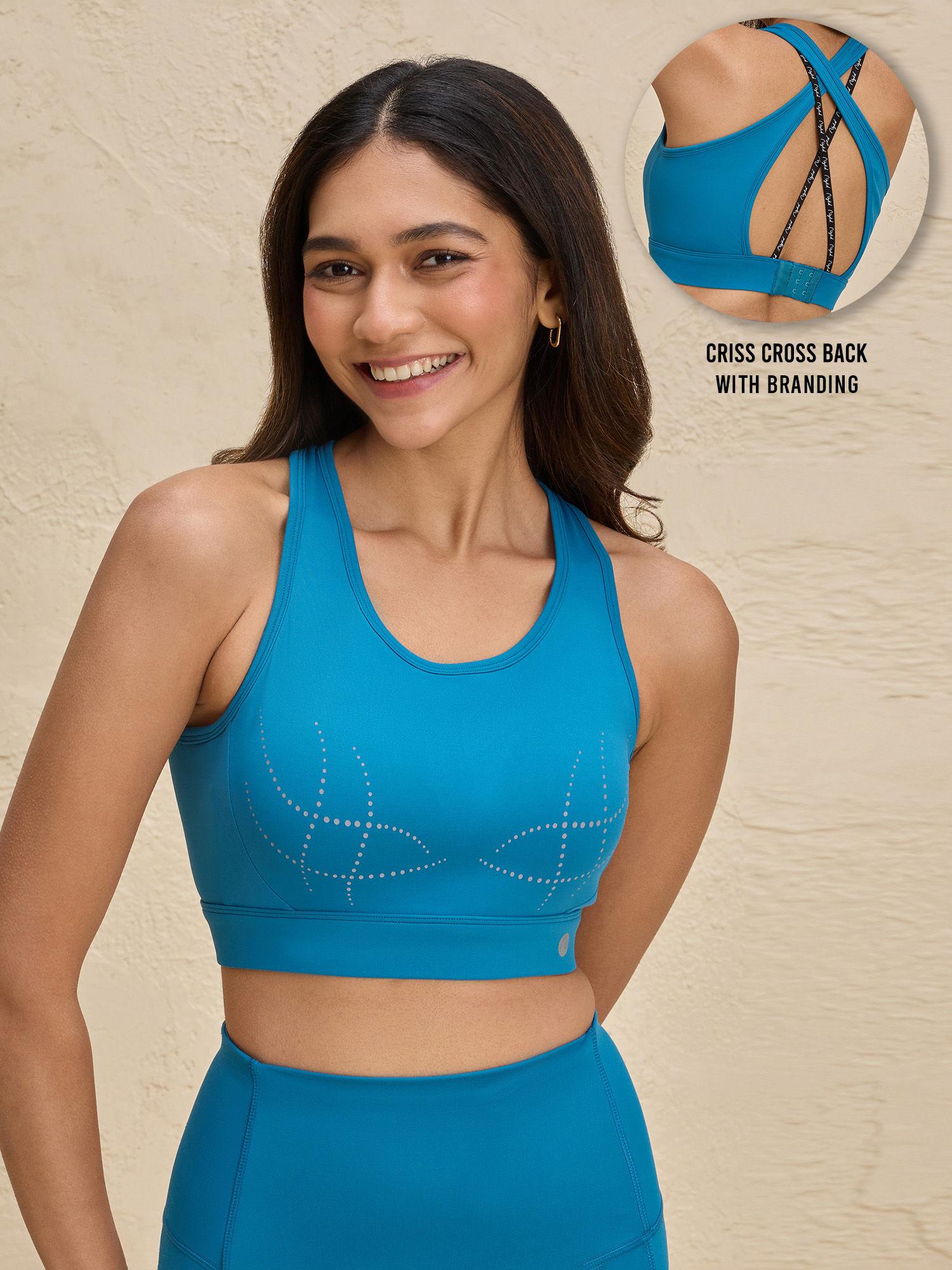 full coverage sports bra with criss-cross back opening-nyk298-teal