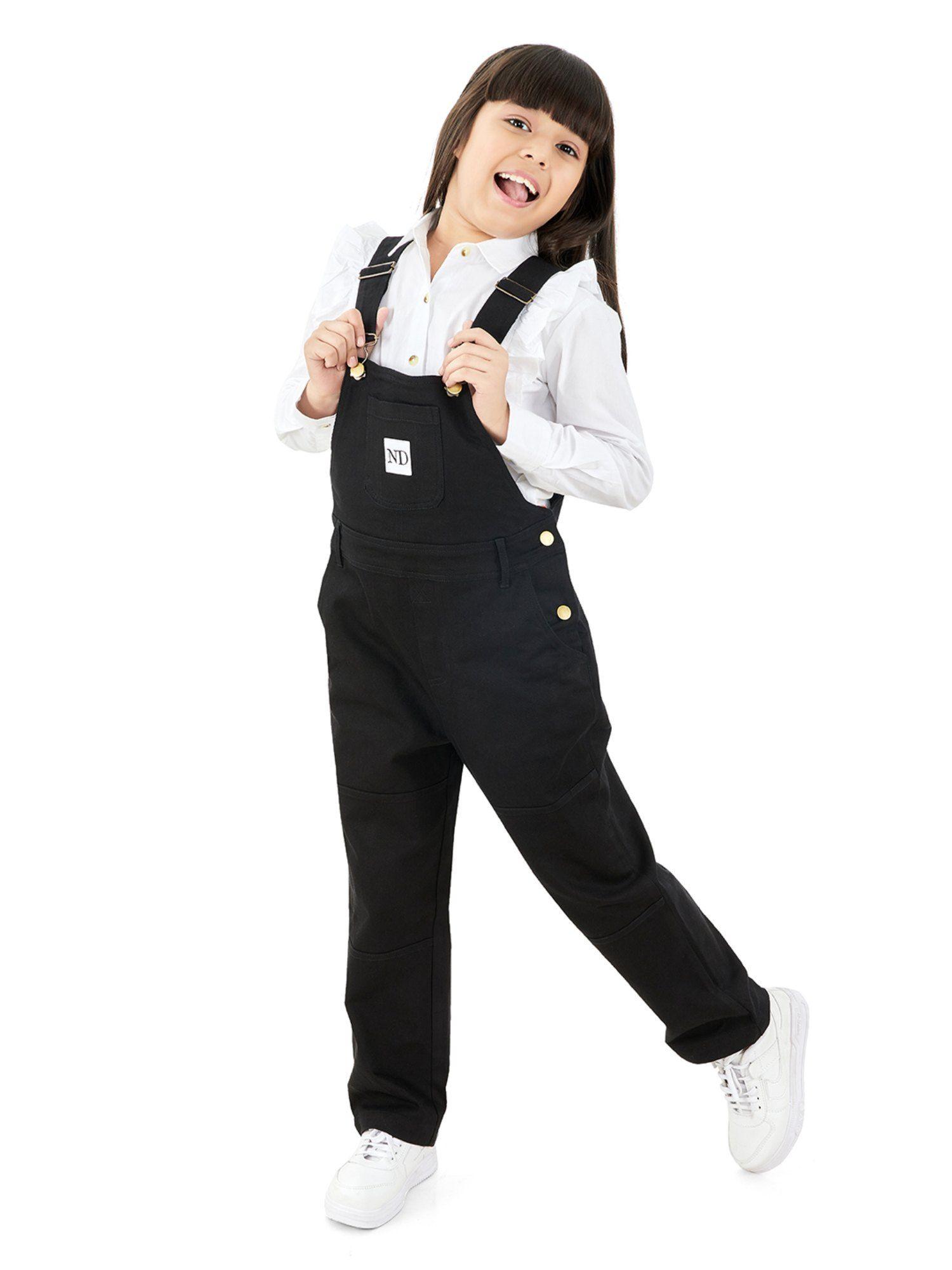 full length cotton solid sleeveless dungarees - black