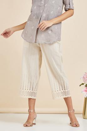 full length cotton woven womens pants - natural