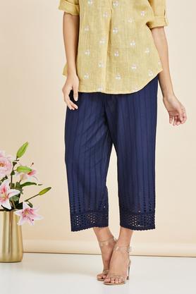 full length cotton woven womens pants - navy