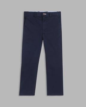 full-length flat-front trousers