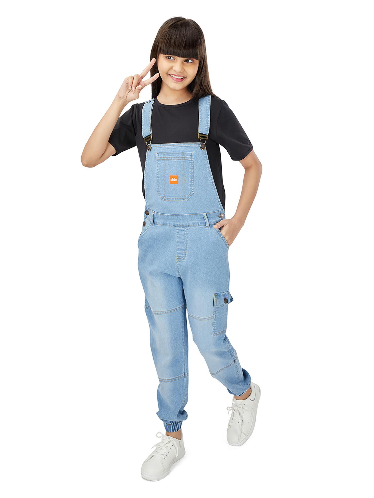 full length light blue denim dungaree with elastic bottom hem