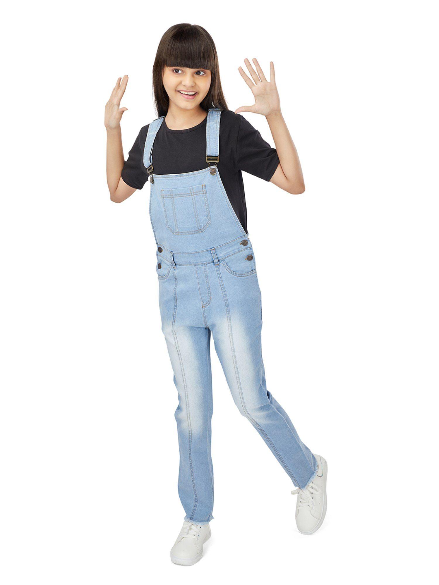 full length light blue denim pleated dungaree with raw edge hem