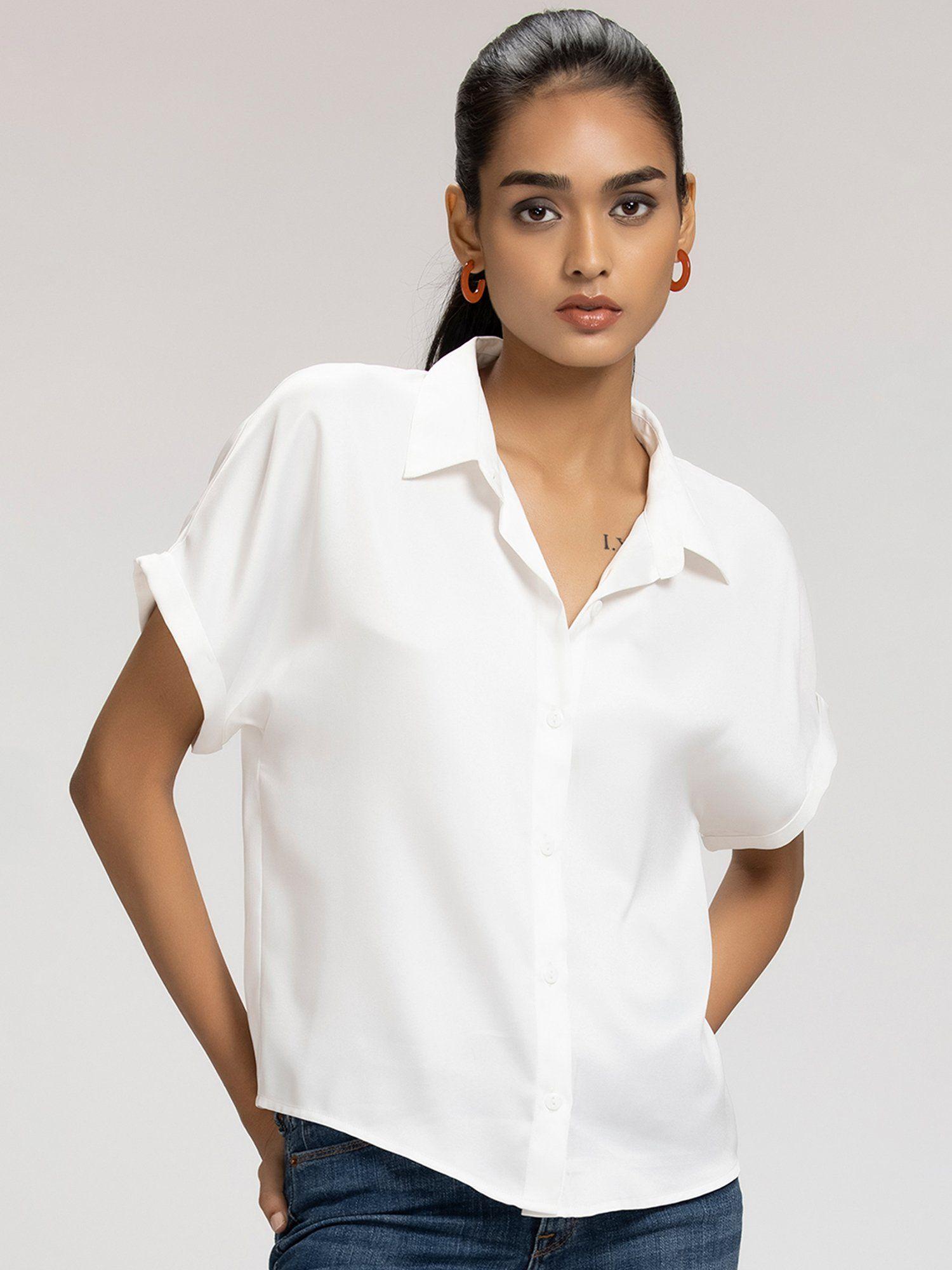 full placket white solid short sleeves shirt for women