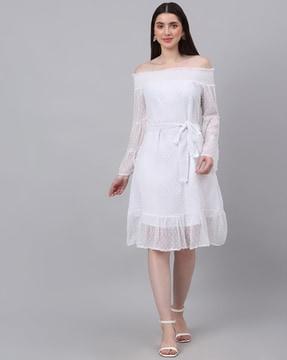 full sleeve off-shoulder fit and flare dress with waist tie-up