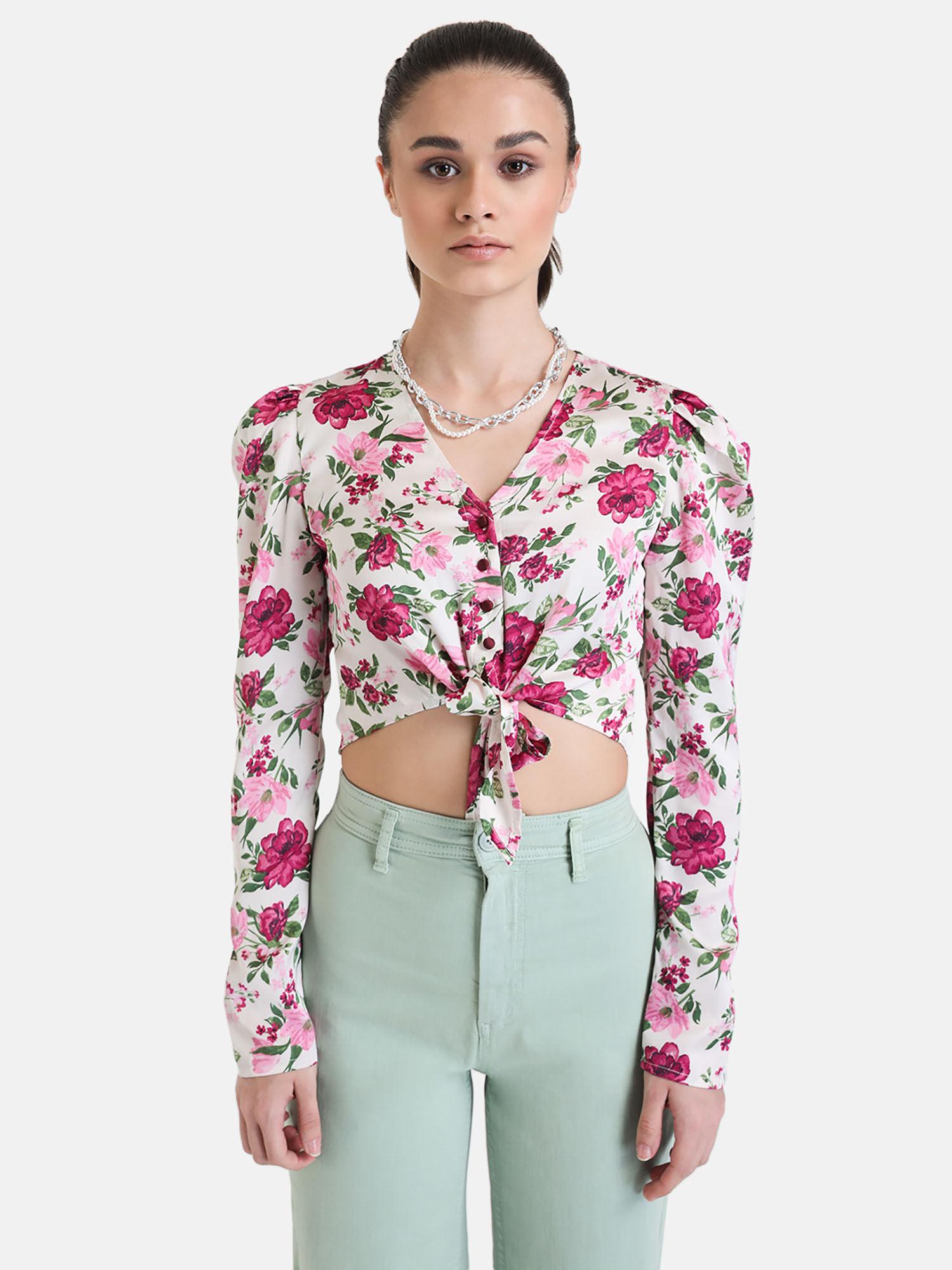 full sleeve printed cropped top with knot