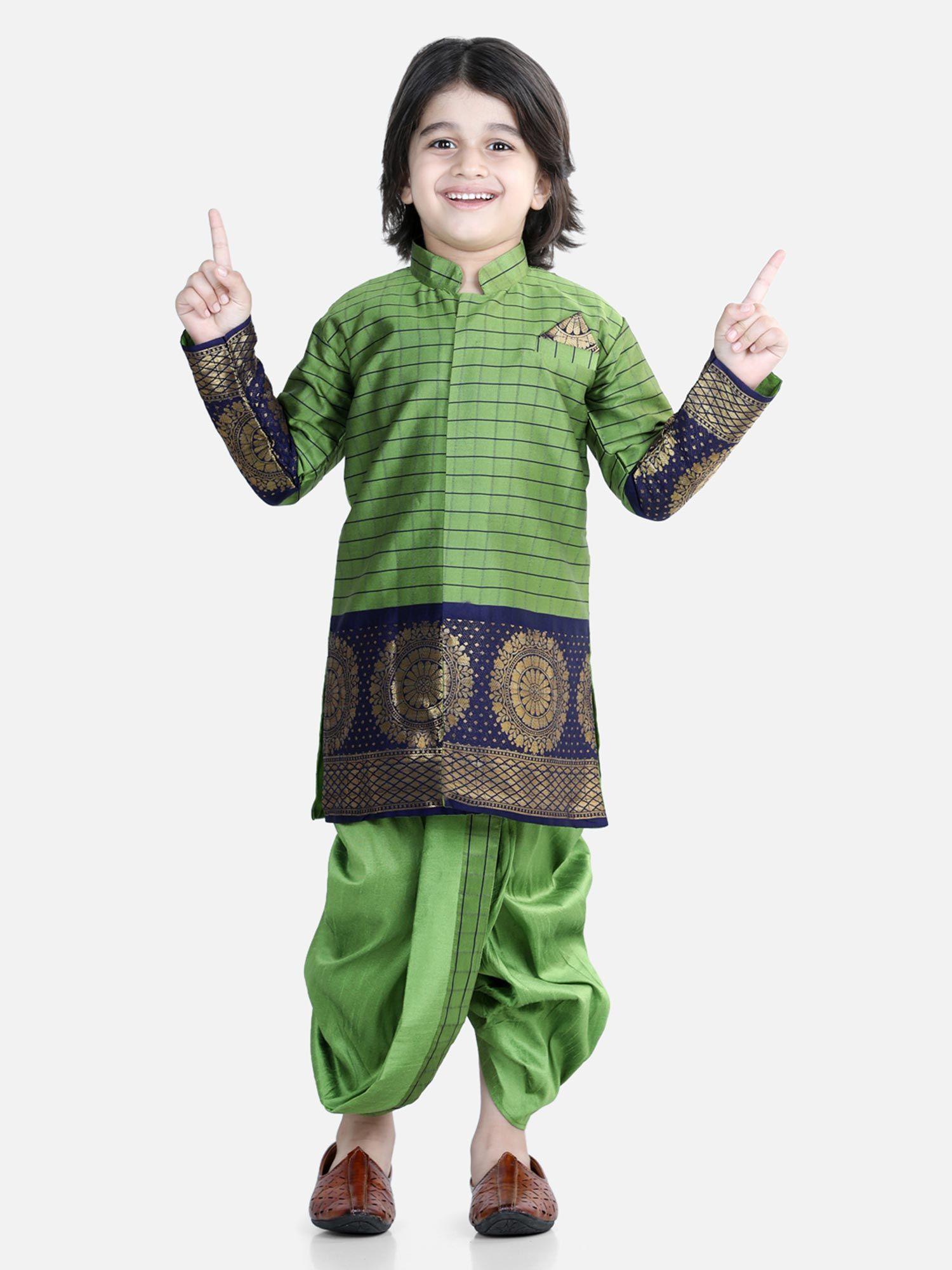 full sleeve silk border dhoti kurta for boys - green (set of 2)