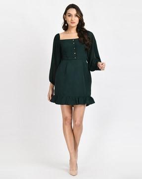 full-sleeve square-neck sheath dress