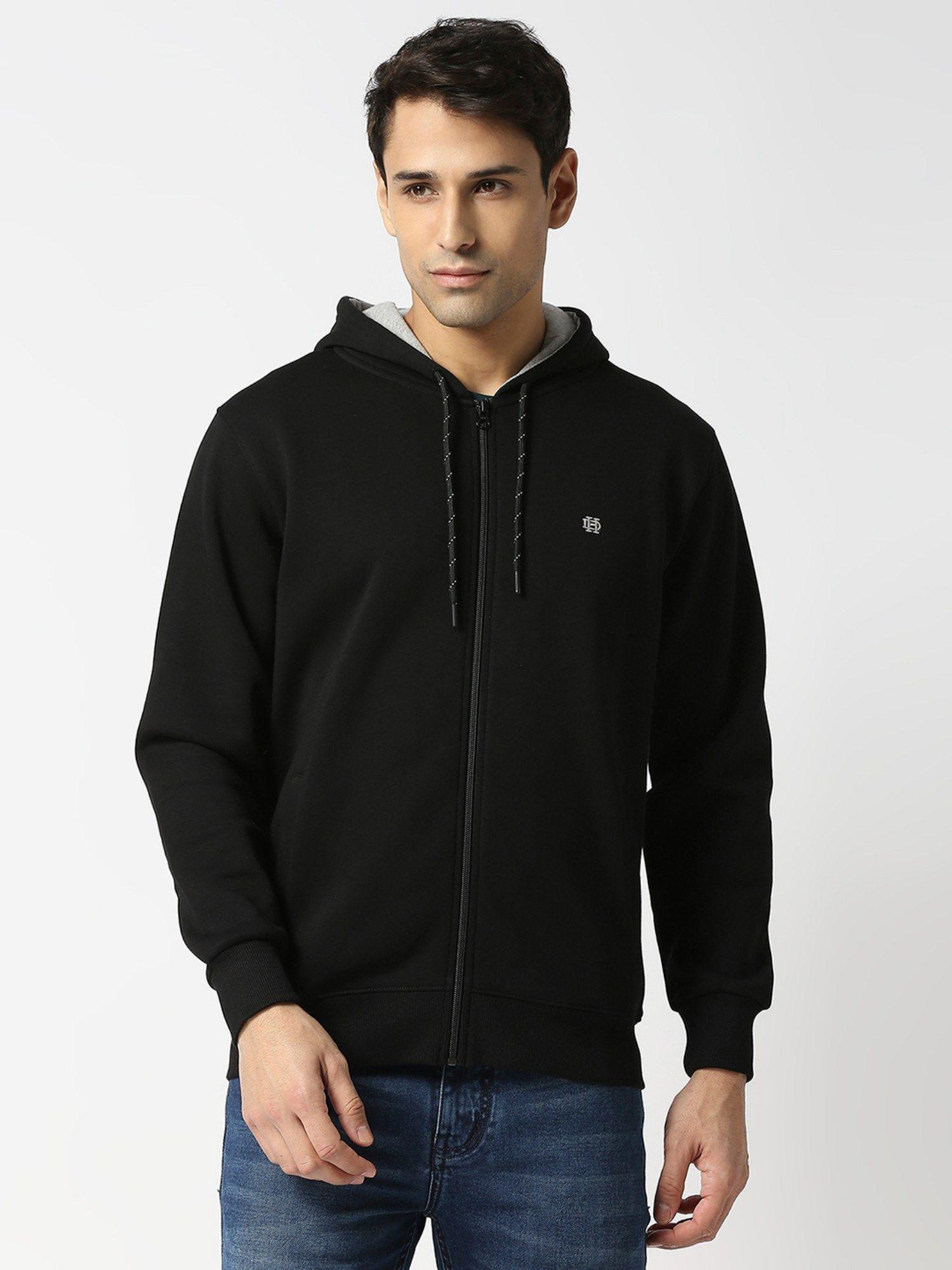 full sleeves black full zip fleece hoodie