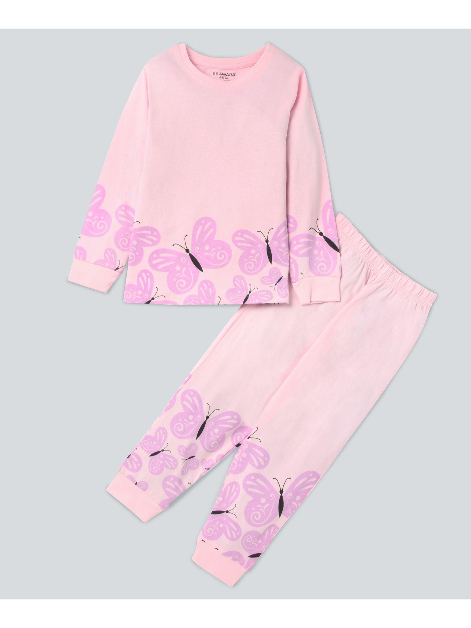 full sleeves cotton t-shirt & track pants butterfly print pink (set of 2)