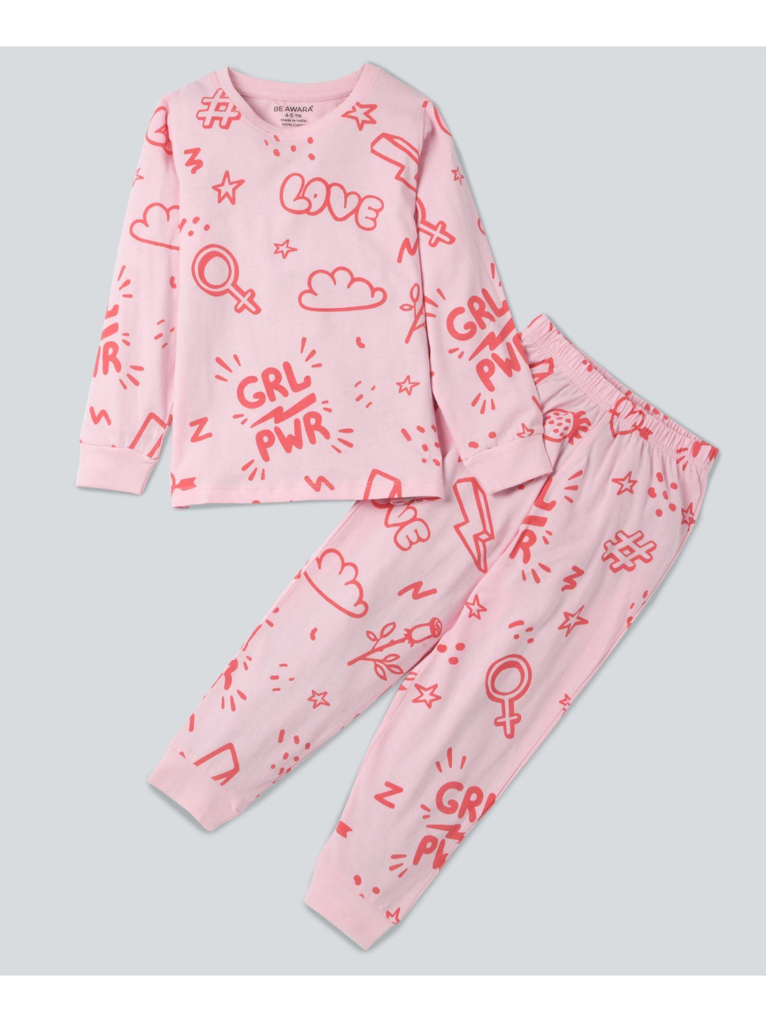 full sleeves cotton t-shirt & track pants girl power print pink (set of 2)