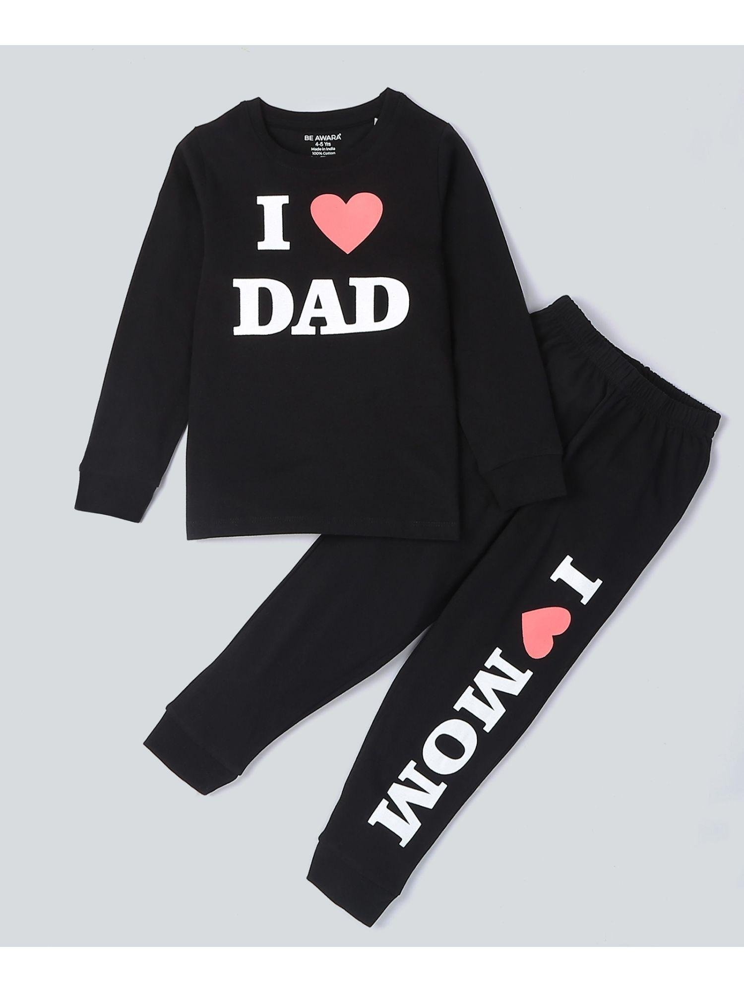 full sleeves cotton t-shirt & track pants i love dad print black (set of 2)