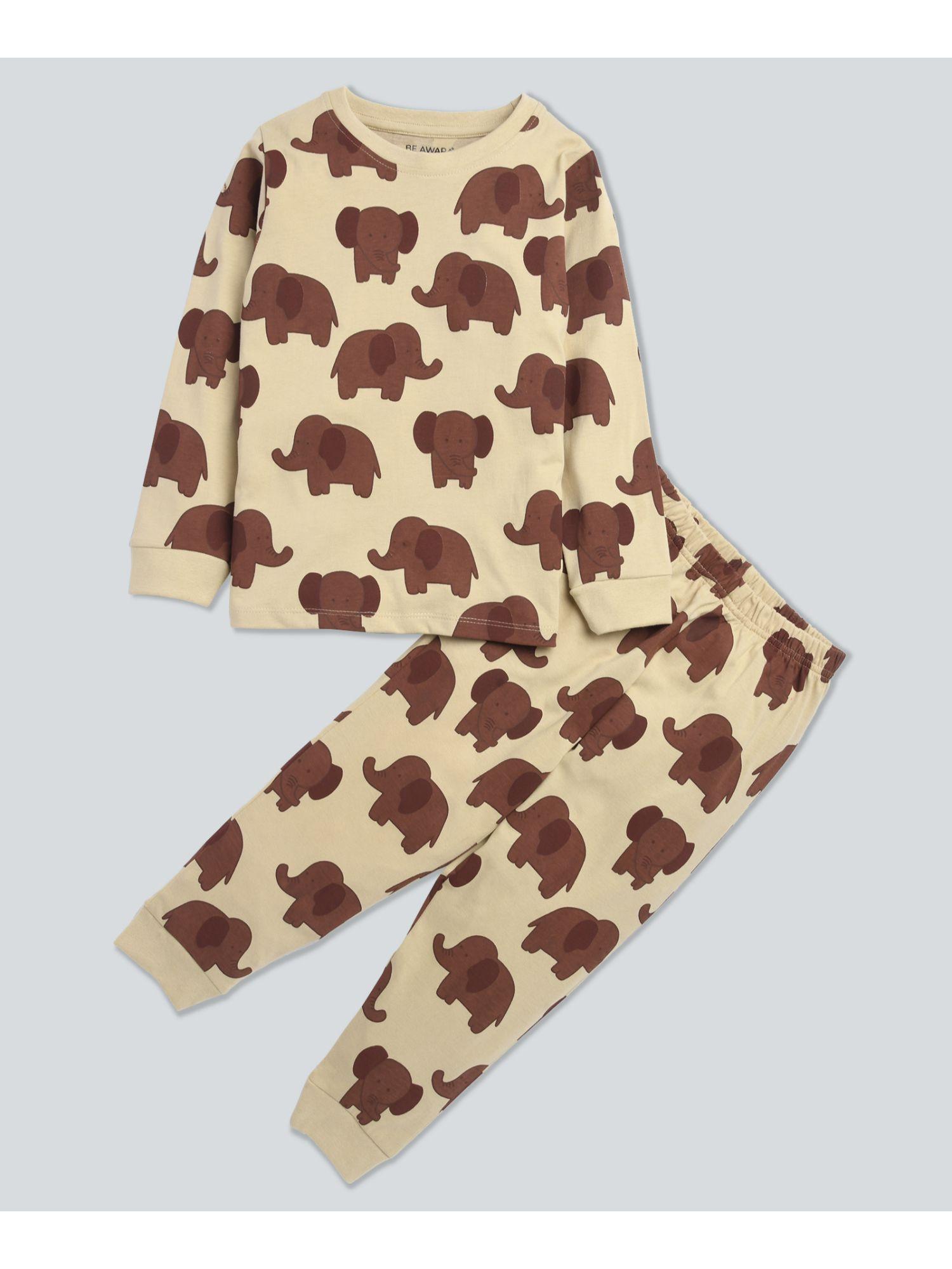 full sleeves cotton t-shirt & track pants is elephant print beige (set of 2)