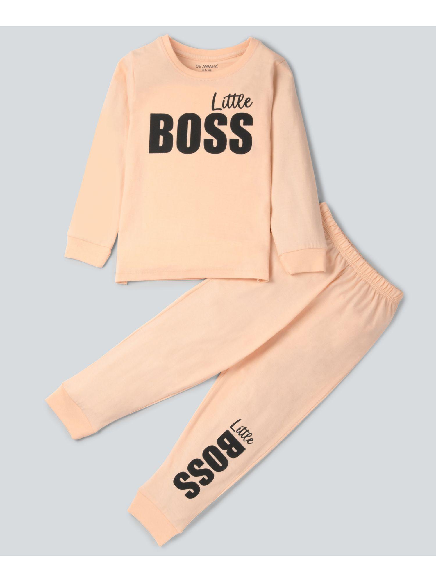 full sleeves cotton t-shirt & track pants little boss print peach (set of 2)