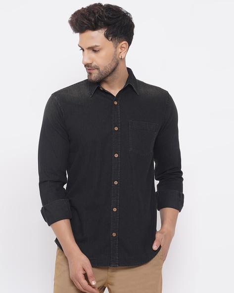 full-sleeves denim shirt with spread collar