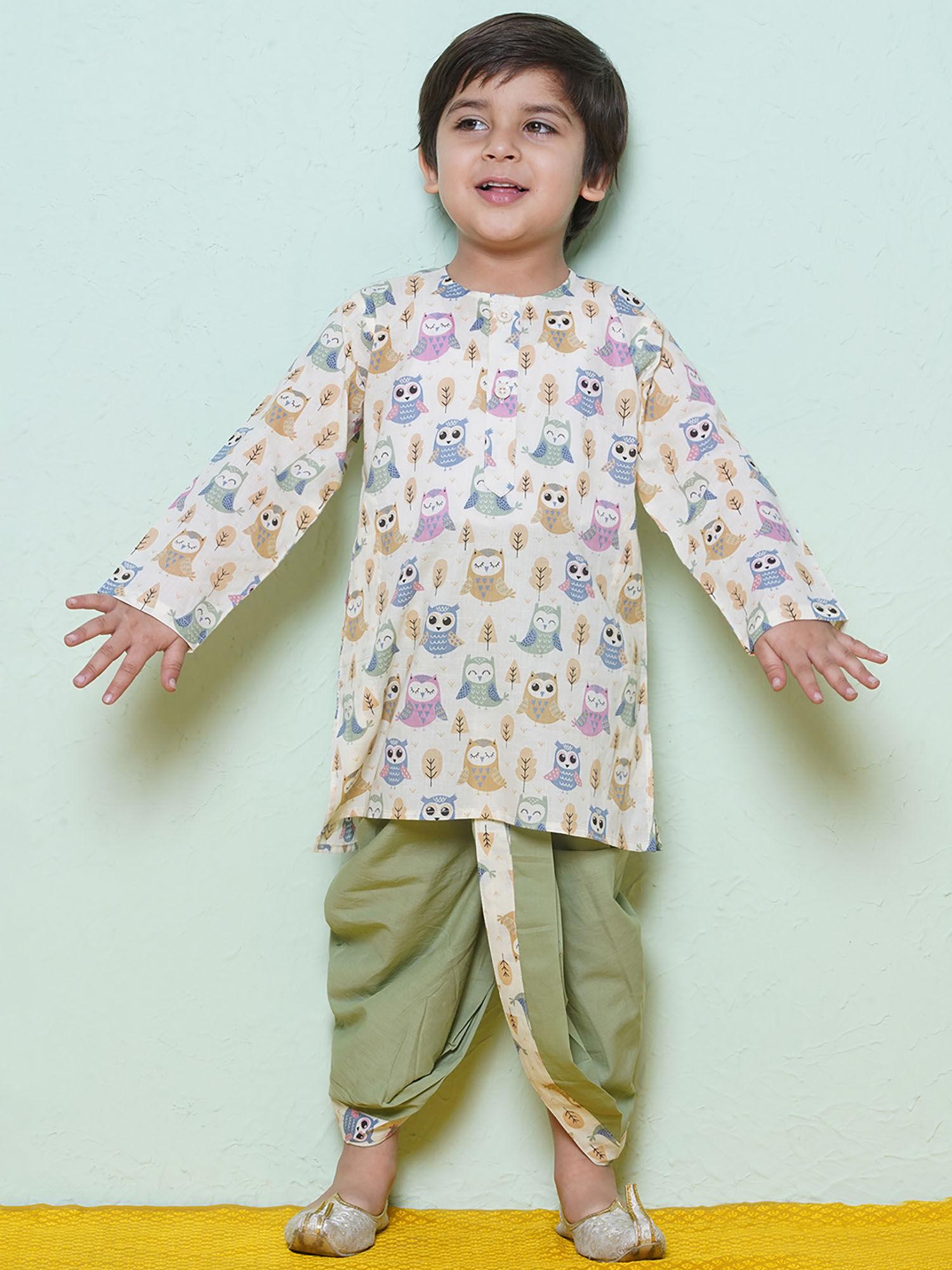 full sleeves green owl print cotton dhoti with kurta for boys (set of 2)