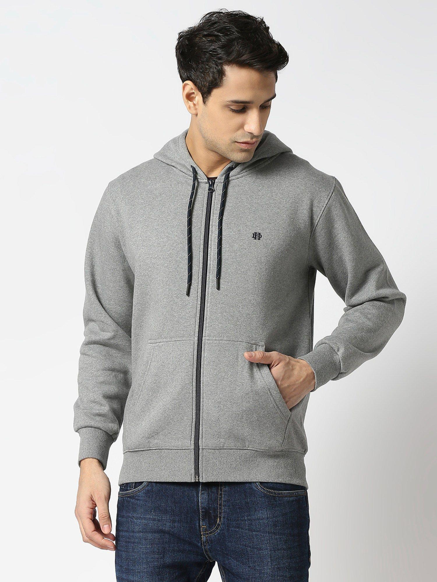 full sleeves grey melange full zip fleece hoodie