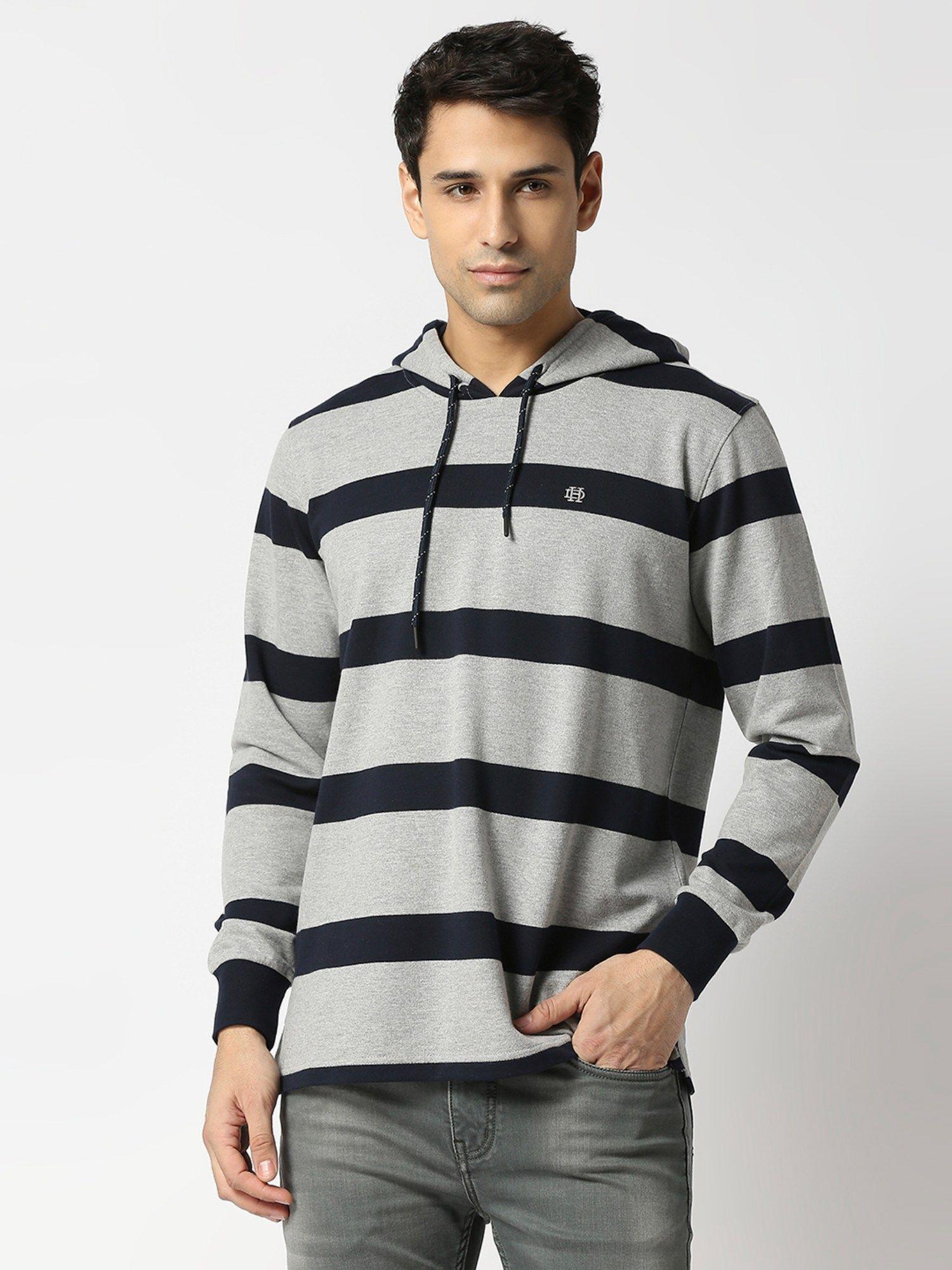 full sleeves grey striped sweatshirt with hoodie