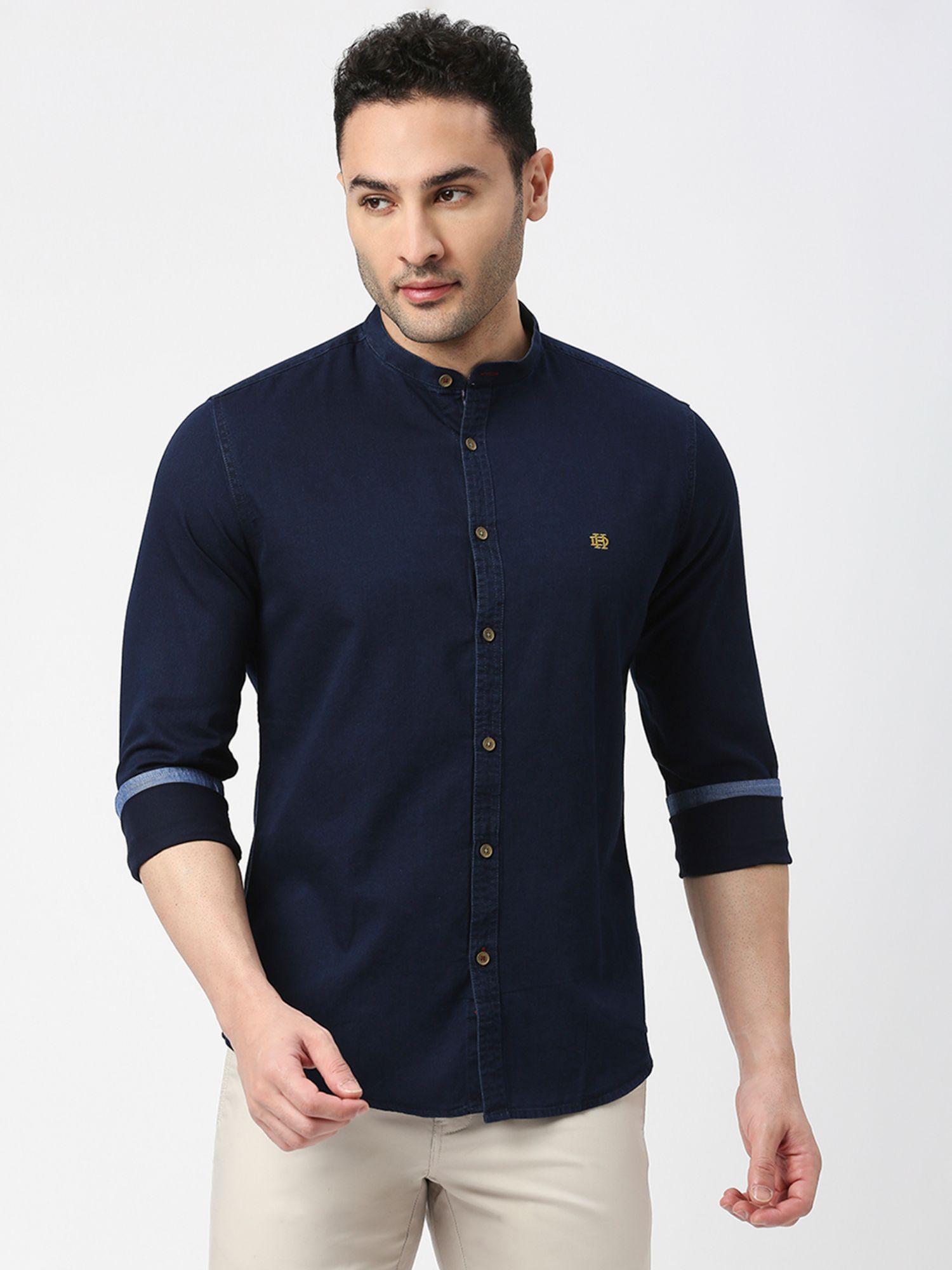 full sleeves indigo blue premium cotton shirt with stand collar