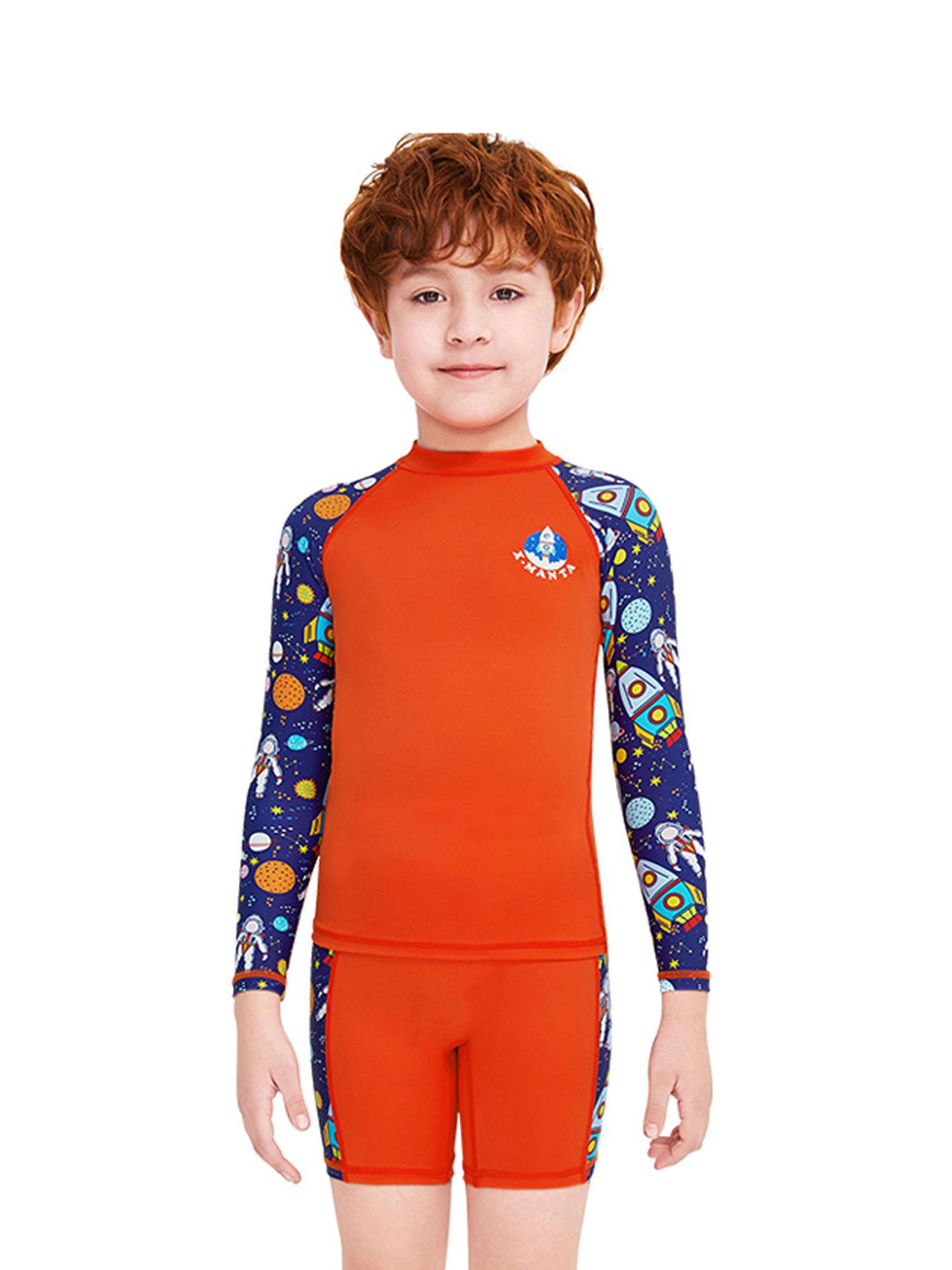 full sleeves kids swimwear space printed knee length upf 50+