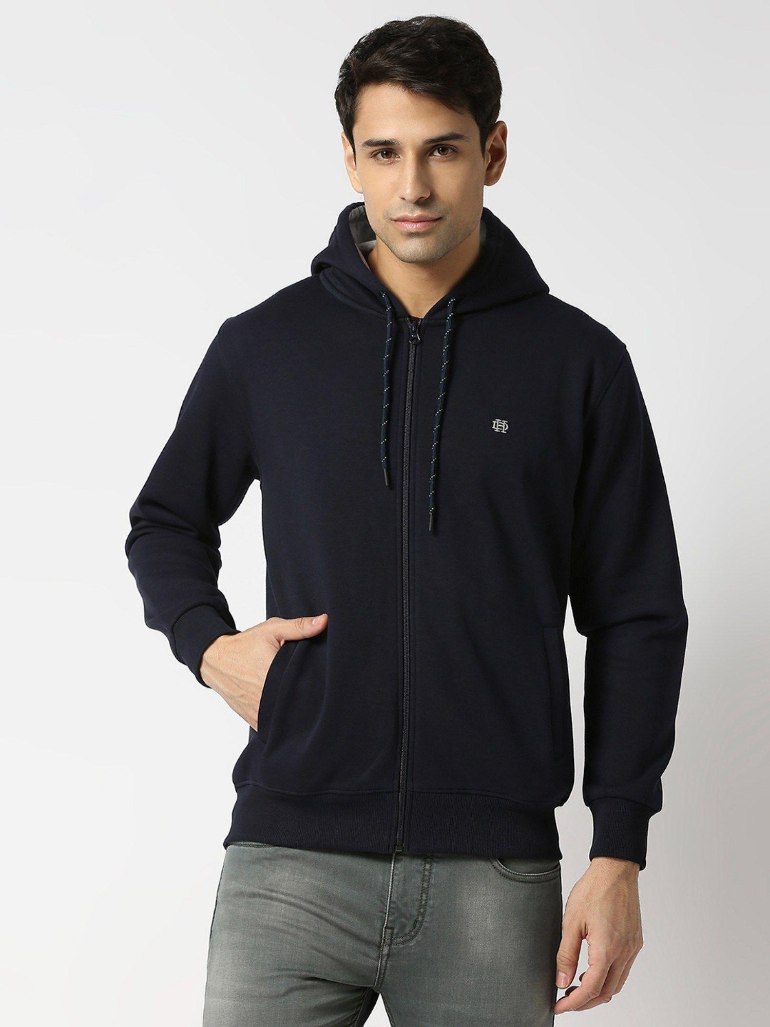 full sleeves navy blue full zip fleece hoodie