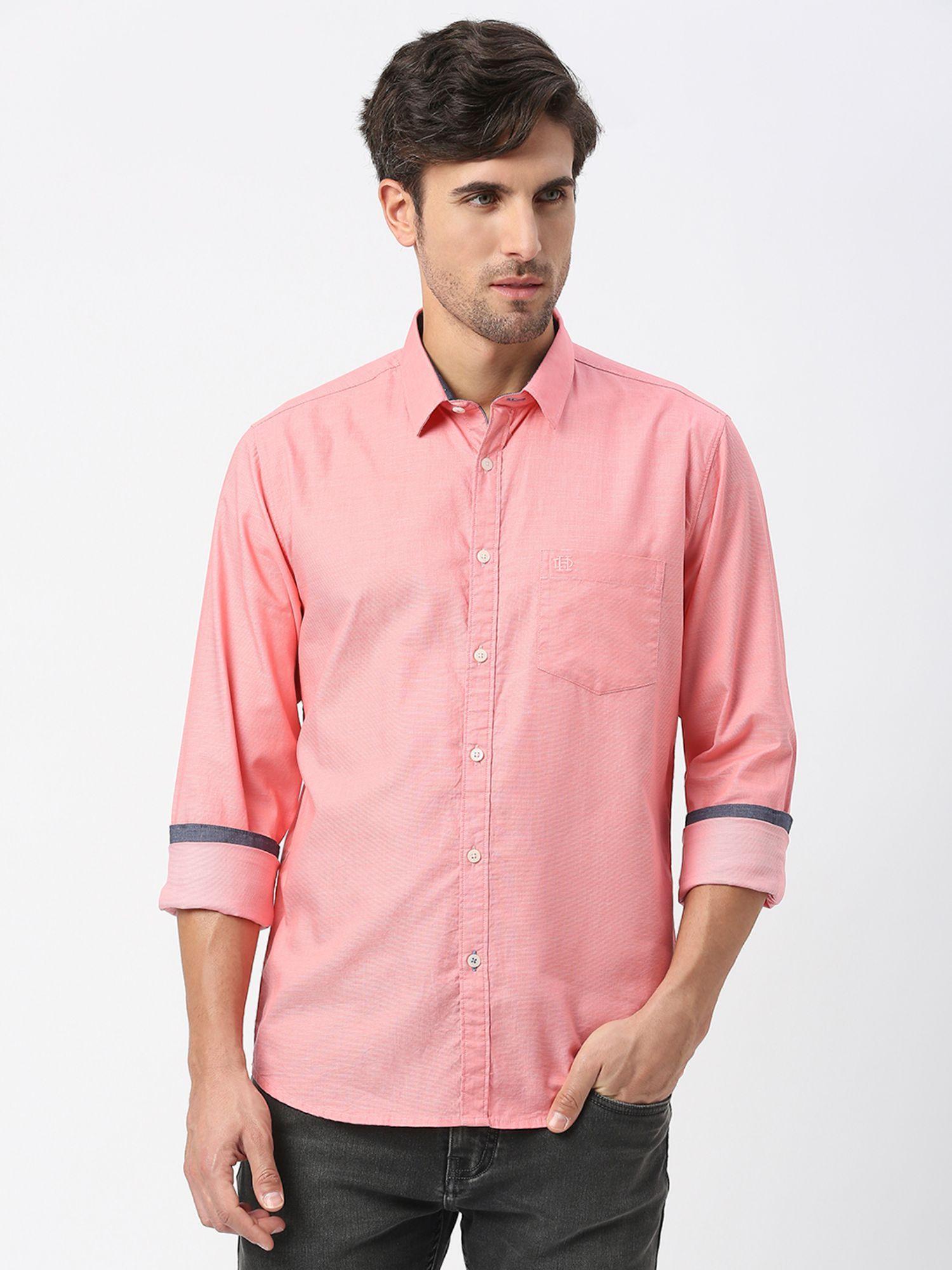 full sleeves pink dobby plain shirt with pocket