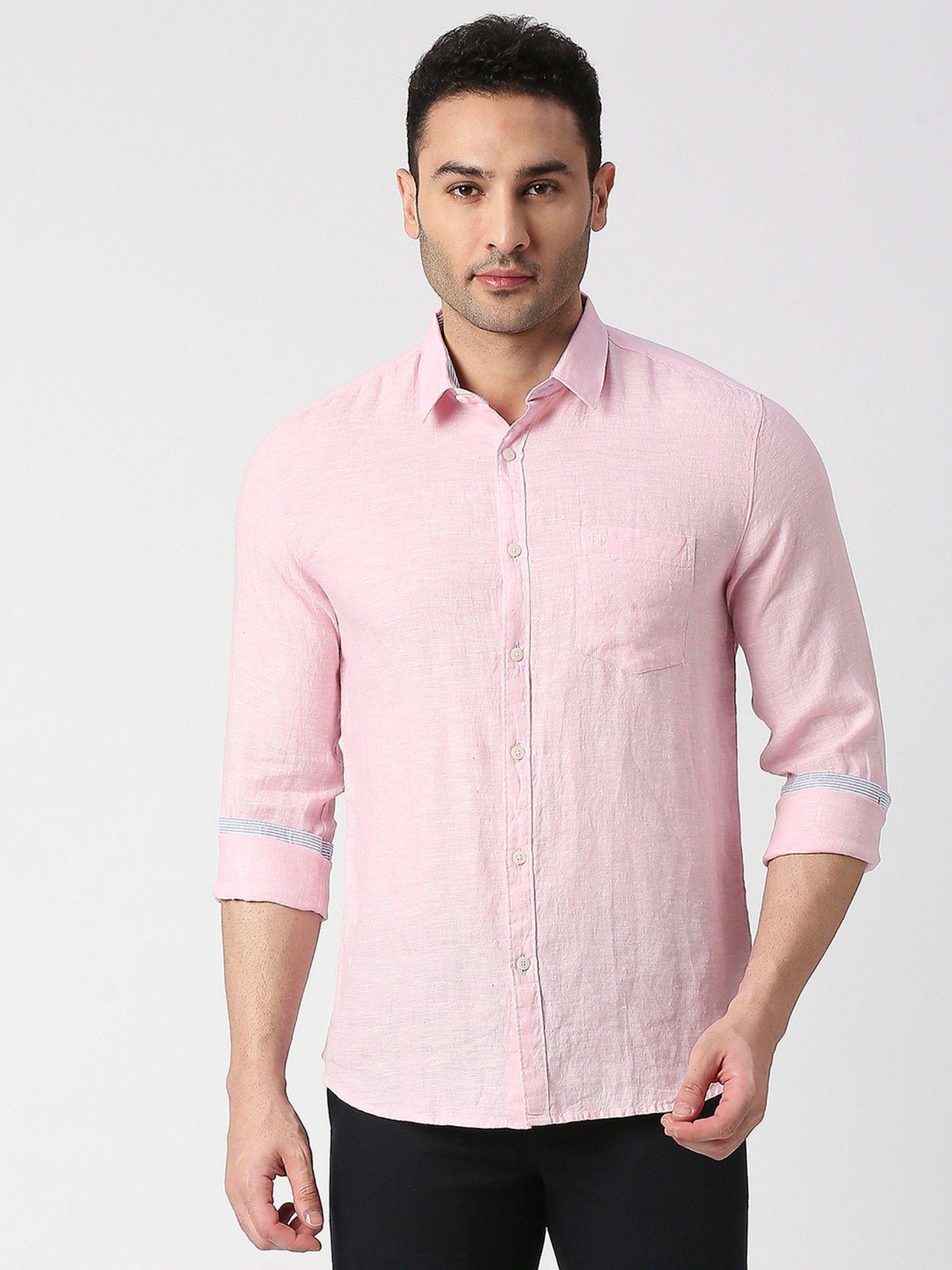 full sleeves pink pure linen shirt with pocket