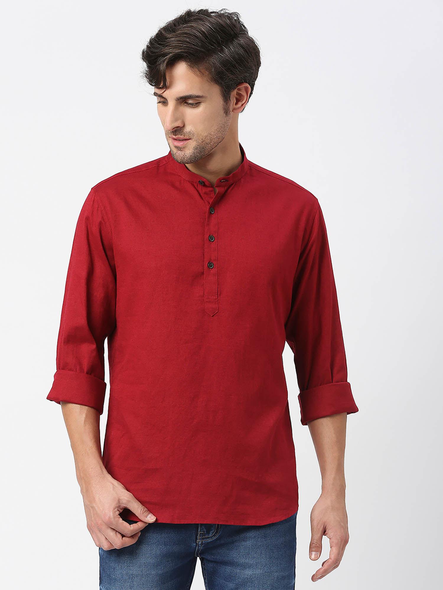 full sleeves red cotton linen kurta shirt with roll up sleeves